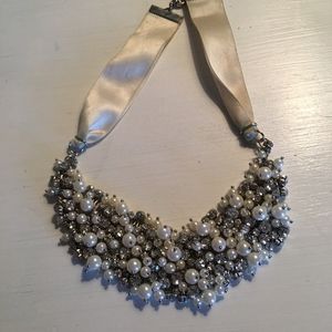 Pearl Rhinstone and White Ribbon Necklace
